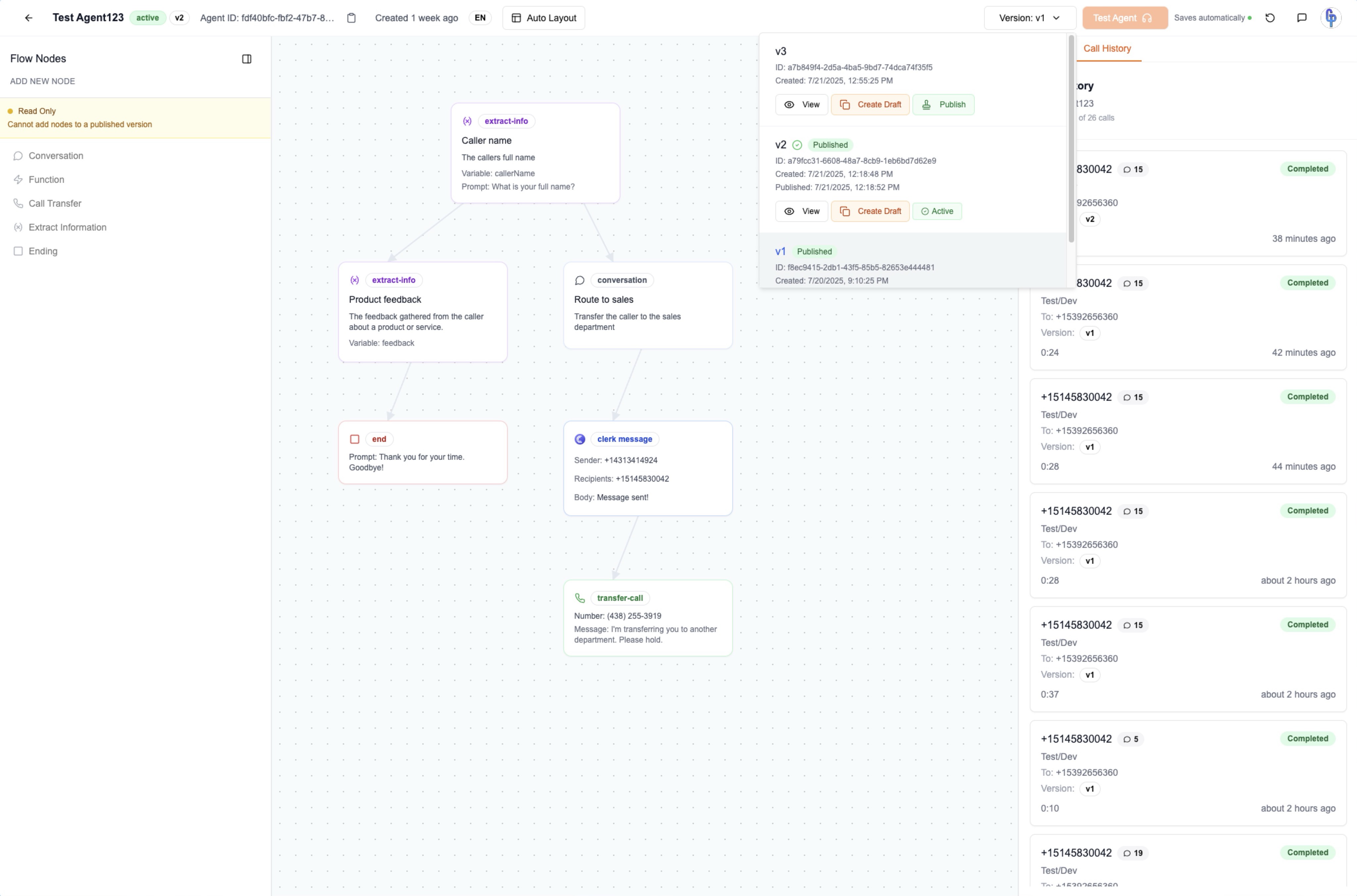 Call Agent Builder Platform Screenshot
